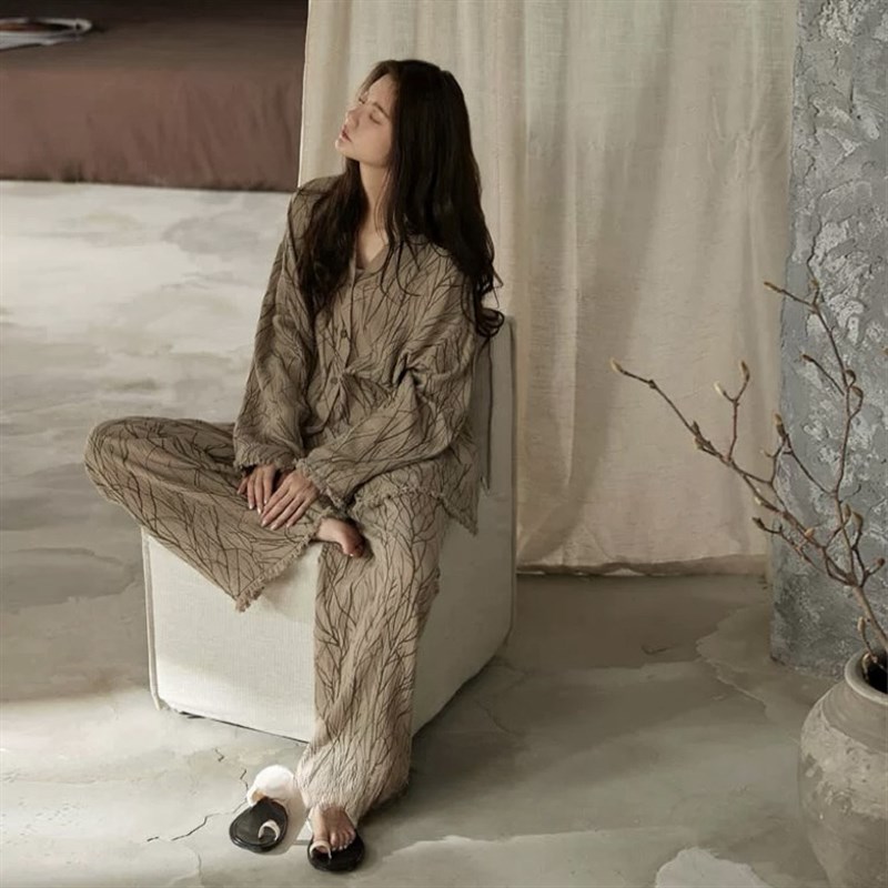 睡衣女春秋款纯棉纱长袖长裤国风复古条纹流苏边家居服套装可外穿