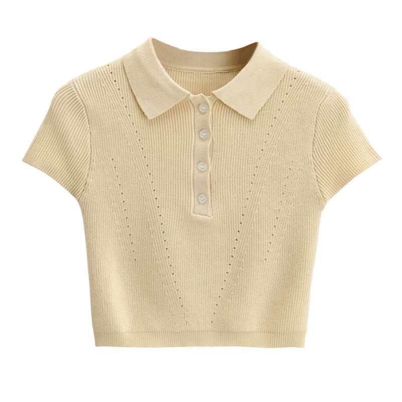 BERAN复古可爱小翻领法式镂空系扣高腰短款薄款短袖针织衫T恤上衣