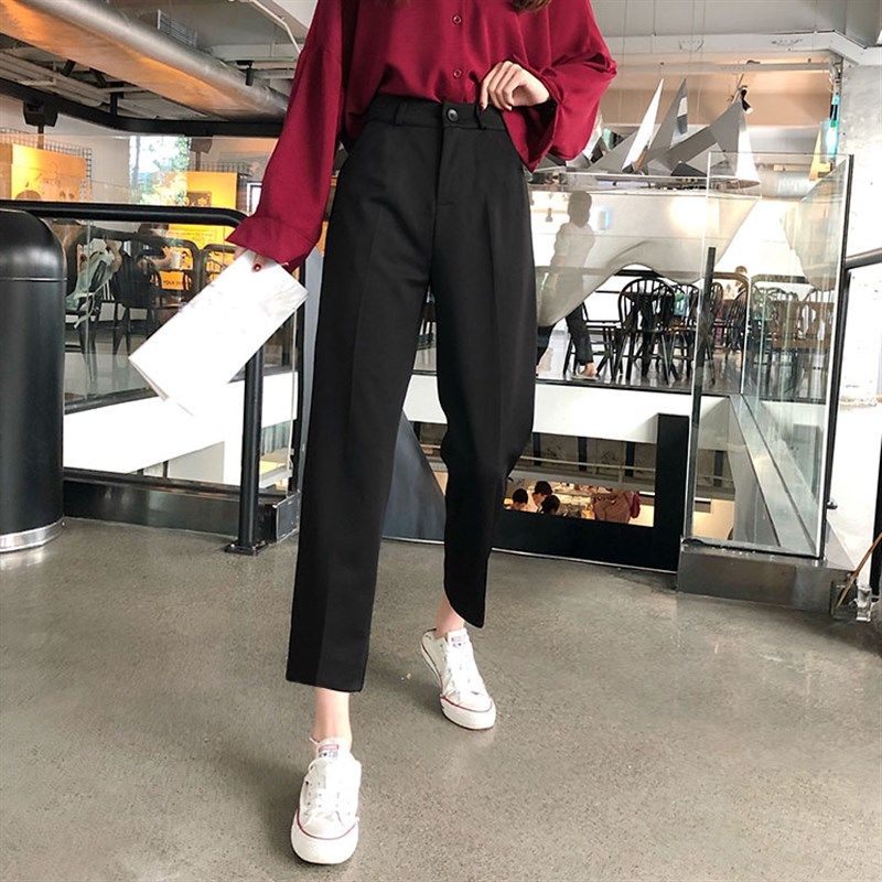 春秋大码薄款垂感西装裤女胖mm220斤宽松直筒小脚OL九分休闲裤