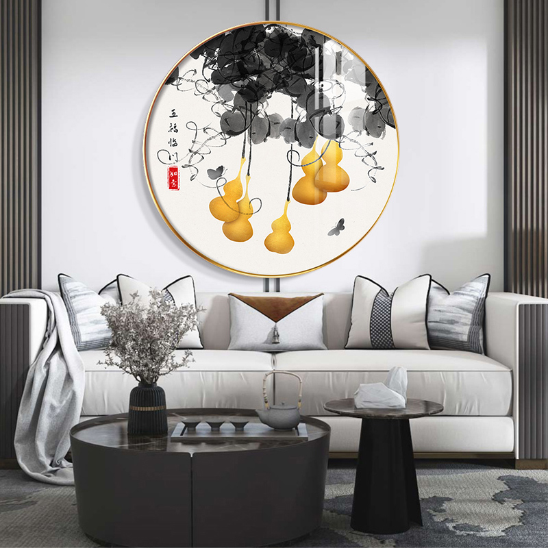 新中式圆形玄关装饰画入户进门五福临门葫芦招财挂画走廊过道壁画