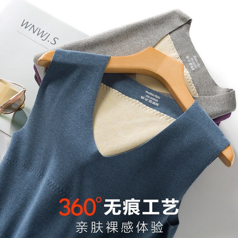 无痕保暖背心男加绒蚕丝护胃德绒磨毛发热内穿秋冬季无袖t恤马甲