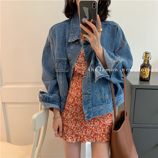 港风宽松复古牛仔外套女2022春秋新款懒惰风百搭短款上衣长袖夹克