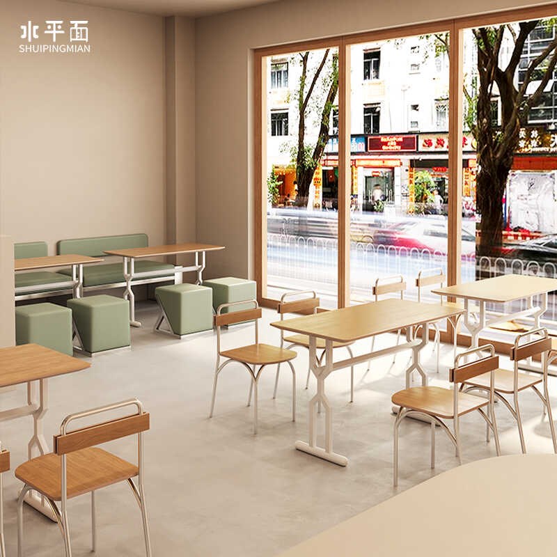简约日式原木风实木餐桌大板桌奶茶店咖啡店餐桌椅商用餐椅组合