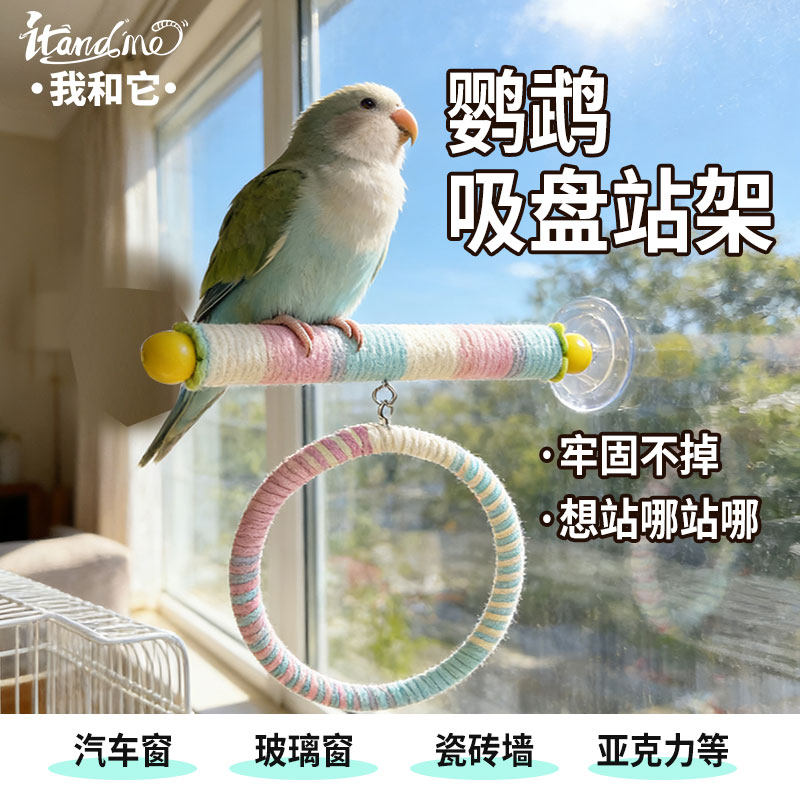 多用途鹦鹉麻绳吸盘站杆棍架子实木玄凤虎皮鸟用便捷车载玻璃磁砖