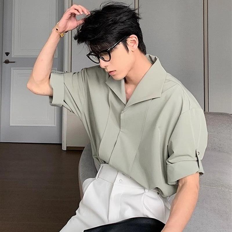 绿色短袖衬衫男士冰丝轻奢雅痞文艺高级设计感五分袖衬衣chic韩系