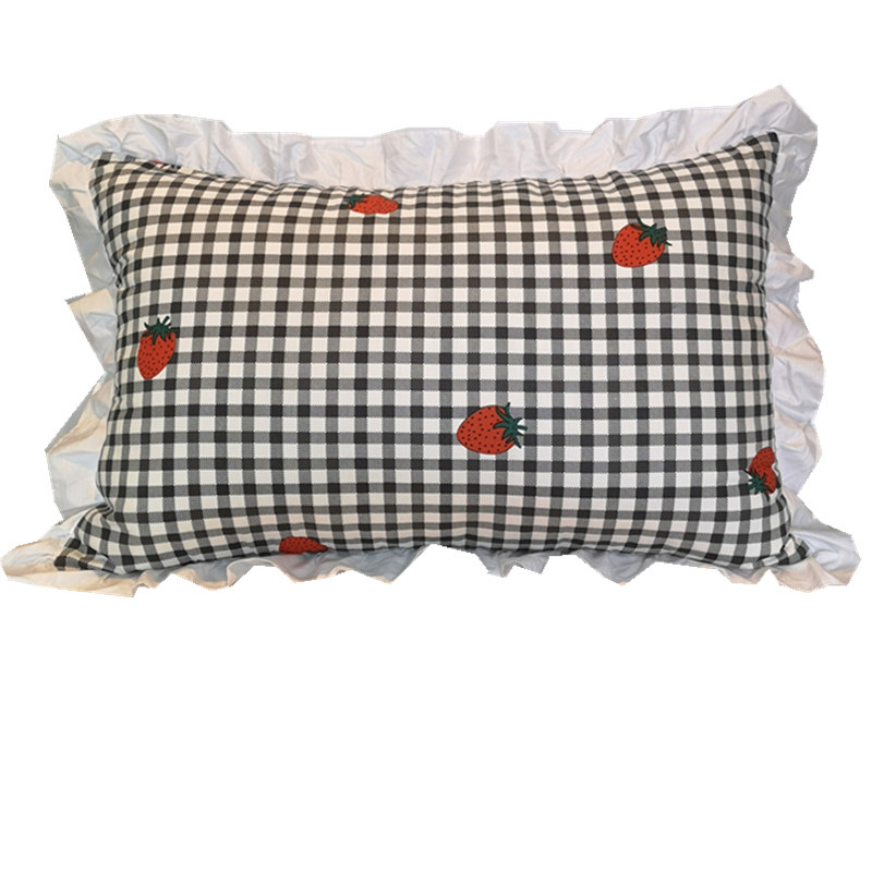 小清新全棉花边单人枕套格子少女系纯棉荷叶边枕头套一对装枕芯套