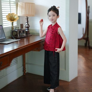 女童套装新中式国风红色无袖马甲上衣2024夏季新款儿童唐装两件套