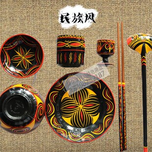 凉山彝族漆器餐具套装民族特色风格餐具烧烤餐饮器具盘碗筷碟套装