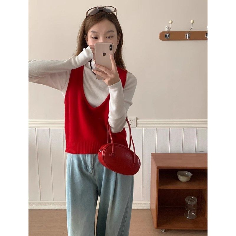 韩新款u领安可拉红色小个子针织马甲女早秋宽肩毛衣吊带背心上衣
