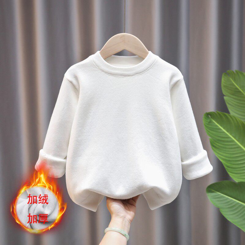 男童套头毛衣秋冬款加绒加厚纯棉女童白色毛衣圆领保暖毛衣打底衫