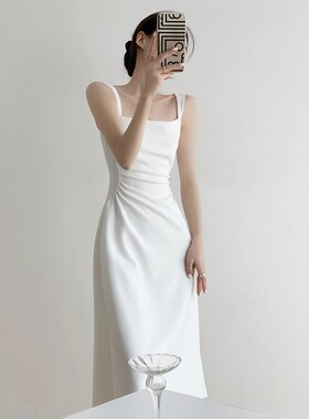 法式无袖方领白色连衣裙女高级感2024夏季长款领证气质吊带小白裙