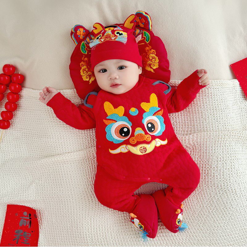 婴儿百日宴秋冬季满月宝宝衣服保暖喜庆周岁礼服龙年大红色连体衣