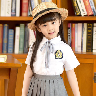夏装女童学院风娃娃领衬衣儿童短袖女大童装白色小学生装校服衬衫