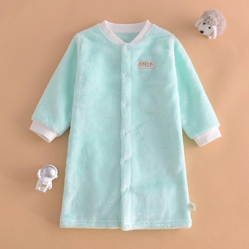冬季宝宝法兰绒家居睡袍男女儿童珊瑚绒长袍前开睡衣连体加绒睡裙