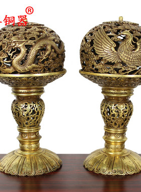 宇卓铜器 纯铜龙凤油灯烛台工艺品摆件家居装饰黄铜龙凤油灯