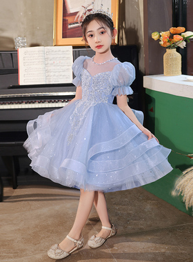 儿童礼服高端公主裙蓝色短款花童小女孩主持人女童钢琴演出服夏季