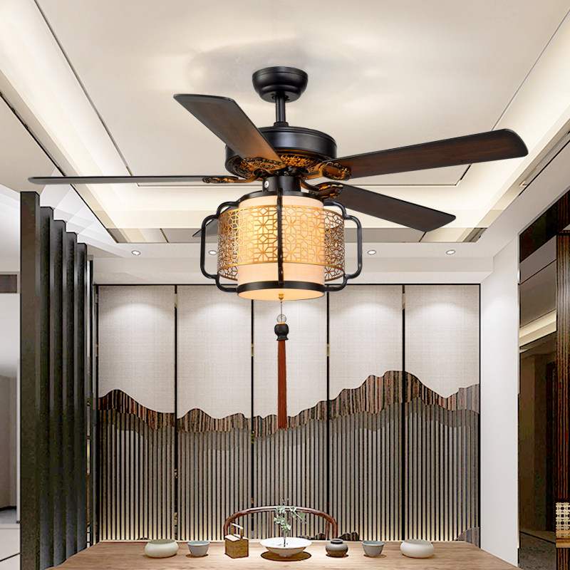 开翔新中式吊扇灯大厅餐厅卧室面馆茶楼静音风扇灯木叶电风扇吊灯