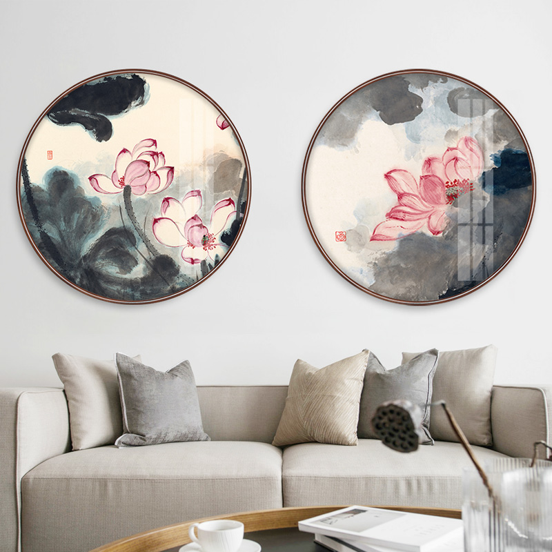 【十年老店】新中式装饰画客厅圆形荷花挂画玄关走廊卧室床头壁画图片