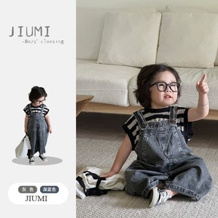 男童夏装新款短袖条纹T恤上衣儿童3岁男宝休闲背带牛仔八分裤套装