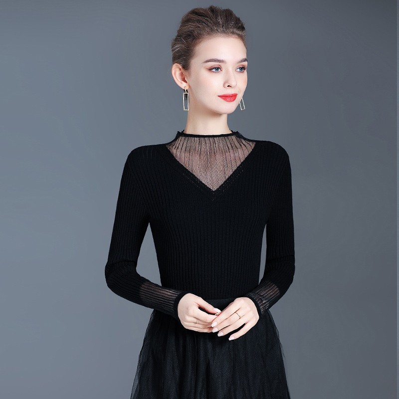 黑色针织衫女秋2021新款洋气蕾丝上衣内搭半高领打底衫毛衣女秋冬