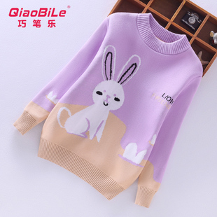 2021秋冬新款中大童加绒加厚圆领针织衫女童纯棉毛衣卡通套头线衫