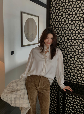 Alone Savor龙喜儿 经典法式木耳边小衫光泽V领时尚衬衫女K127