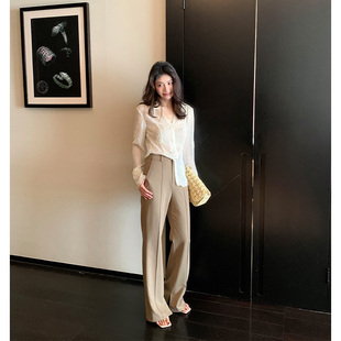 AloneSavor龙喜儿时尚优雅羊毛高腰女休闲裤挺括微辣压褶长裤J695