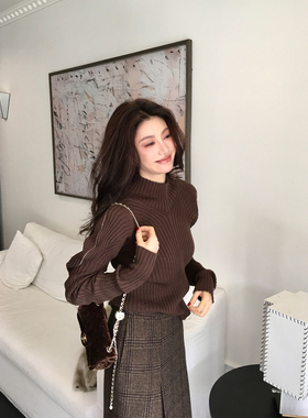Alone Savor龙喜儿 简约纯色绵羊毛针织衫高领钩花修身套头衫D616