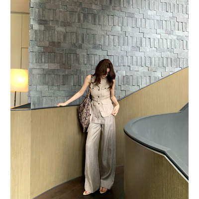 AloneSavor龙喜儿 奢感老钱风亚麻亮丝收休闲裤Z592