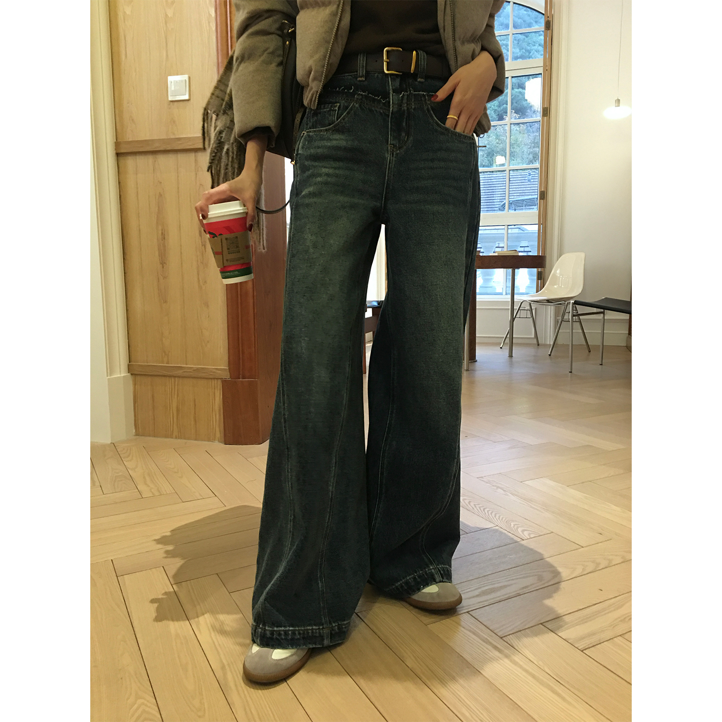 Alone Savor龙喜儿 经典水洗棉牛仔裤高腰显瘦阔腿女士直筒裤J831