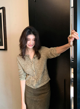 AloneSavor龙喜儿温柔小香风镂空编织开衫短款单排扣女针织衫J689