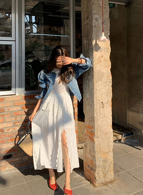 龙喜儿 重工镂空刺绣白色连衣裙女春夏不规则法式花边中长款裙子