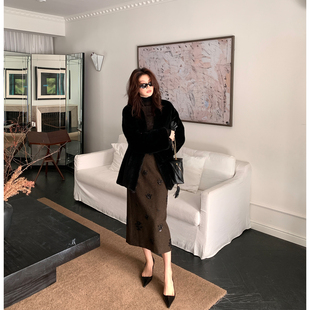 AloneSavor龙喜儿通勤百搭亮片绣花半身裙高腰精致女士A字裙D758