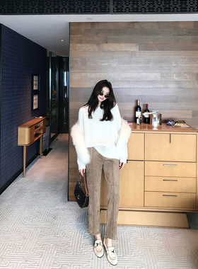 AloneSavor龙喜儿 秋冬保暖仿麂皮拼接休闲裤高腰修身长裤女K990