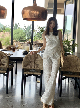 龍喜儿 波西米亚度假风白色蕾丝无袖上衣镂空钩花针织衫套装J417