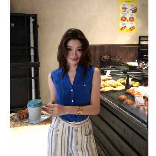 AloneSavor龙喜儿 lOO亚麻无袖衬衫清爽透气V领翻领微A衬衣女Z181