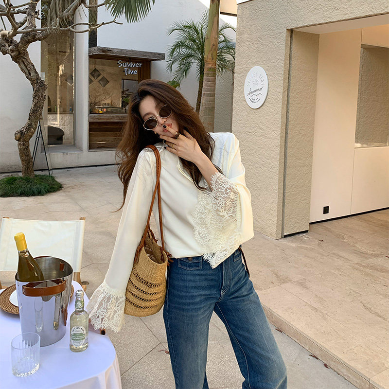 白色喇叭袖蕾丝边醋酸衬衫女图片