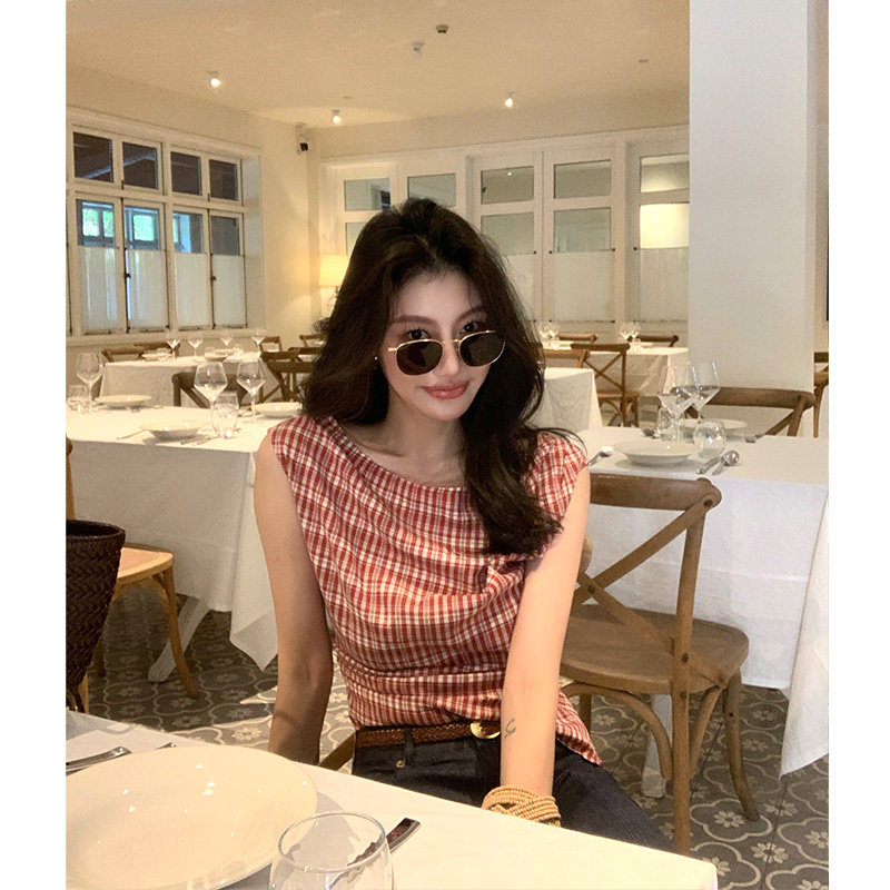 复古风个性格纹衬衫女夏图片