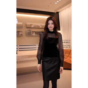 AloneSavor龙喜儿轻熟高级欧根纱拼接小衫 上衣女L670 立领绒面短款