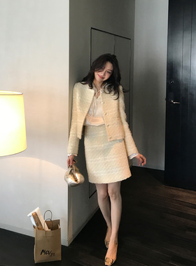 AloneSavor龙喜儿 轻奢小香风羊毛单排扣外套+包臀半身裙套装K430