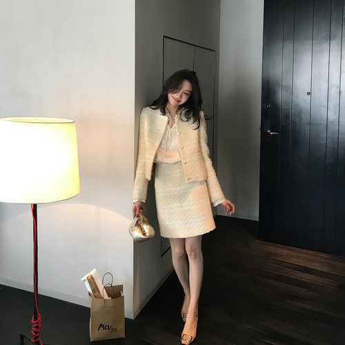AloneSavor龙喜儿 轻奢小香风羊毛单排扣外套+包臀半身裙套装K430