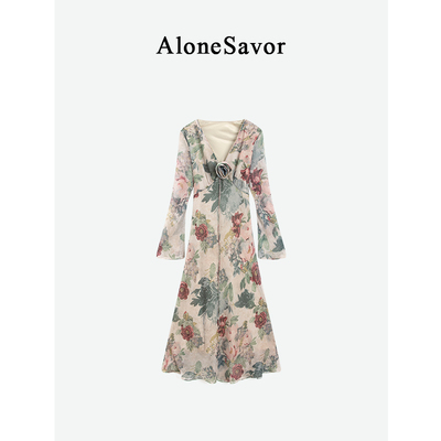 AloneSavor龙喜儿 独家设计感水墨花卉连衣裙深V领收腰长裙J483