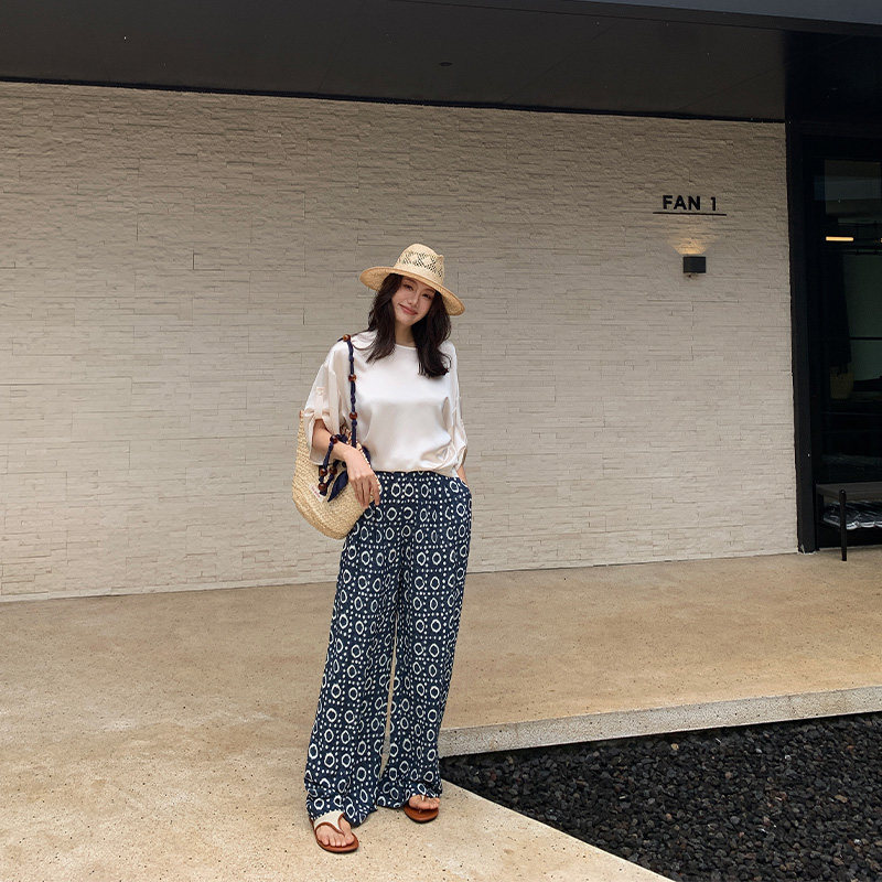 Alone Savor龙喜儿复古几何印花休闲裤宽松轻薄女士直筒裤子Z296