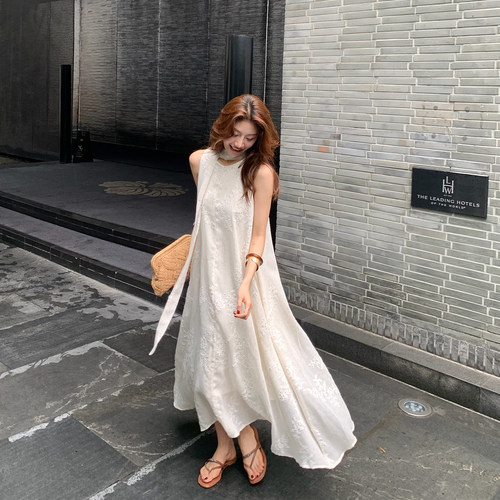 【ALONESAVOR】龍喜儿 多里竹节亚麻提花肌理飘带背心裙N262