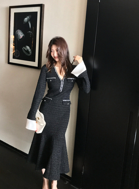 Alone Savor龙喜儿 轻奢小香风羊毛连衣裙粗花编织V领长裙女D459