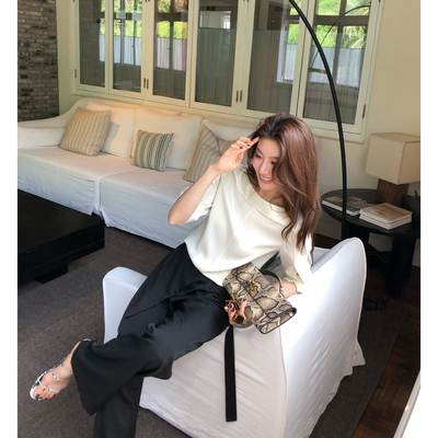 【ALONESAVOR】龍喜儿醋酸缎面衬通勤气质衫船领中拼接袖小衫D064