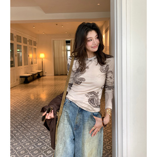 修身 设计感复古天丝印花上衣女士长袖 T恤Z580 Savor龙喜儿 Alone