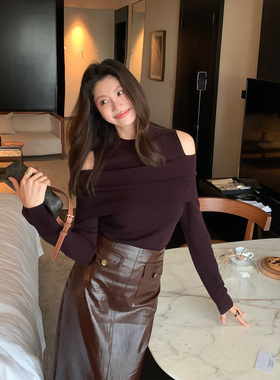 AloneSavor龙喜儿轻熟设计感羊毛针织衫女圆领一字漏肩套头衫F834