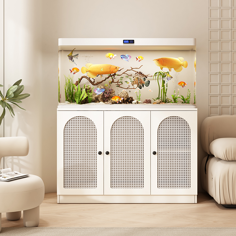 定制鱼缸底柜中大型水族箱超白缸架子客厅藤编法式储物奶油风地柜