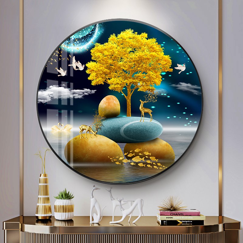 圆形玄关装饰画北欧麋鹿沙发背景墙挂画大气客厅装饰画轻奢风高端图片